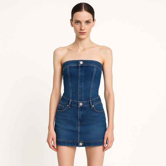 Zara Blue Strapless Tube Bandeau Denim Jeans Crop Top Mini Skirt 2 Pc Set Size S - Picture 1 of 8